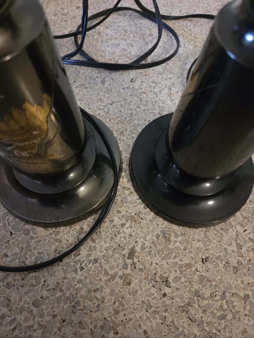 Vintage MCM Japanese Metal Hand-etched Bronze Table Lamp Pair Asian 12 In